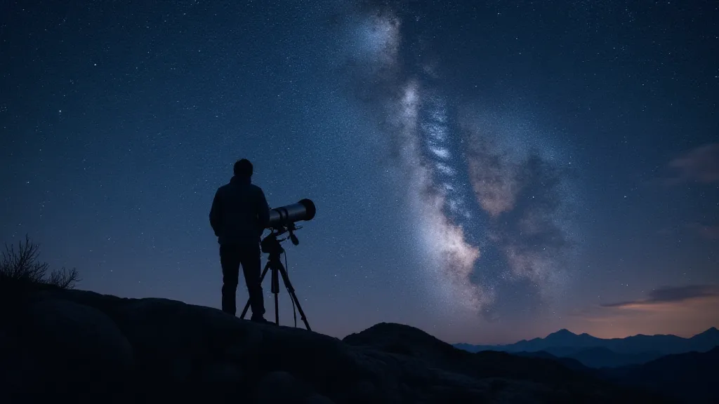 Astronomer observing through a reflector telescope.