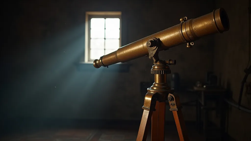 Vintage brass reflector telescope in an observatory.